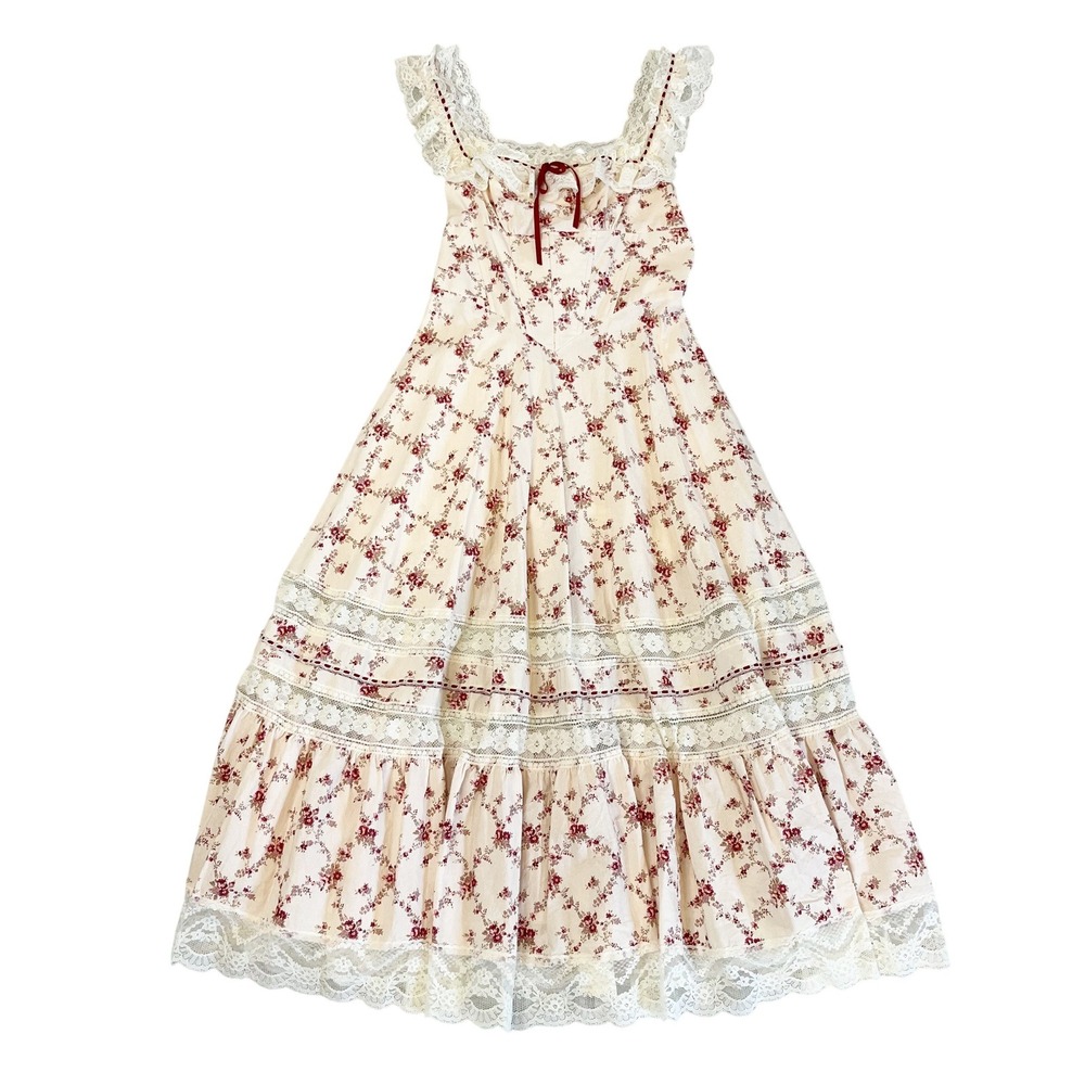 LaceMade Floral Cottagecore Midi Dress Cream Red Lace Trim Corset Bodice SMALL
